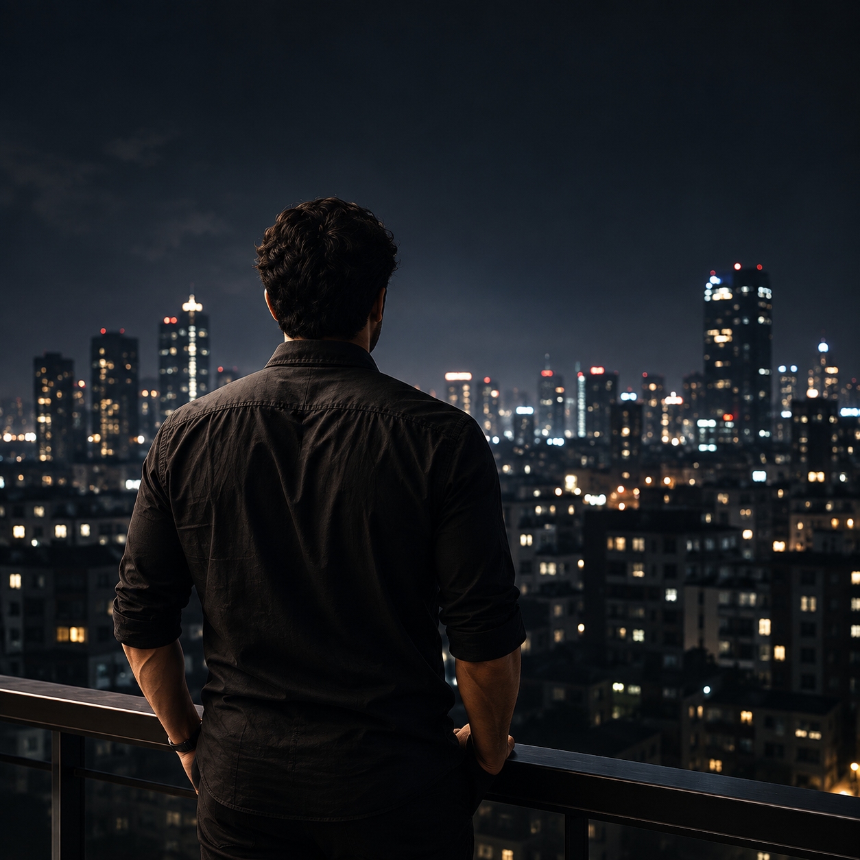 A man looking over a city from a balcony at night
